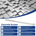 1/4" x 6" Concrete Screws, White Hex Head with Star Drive, 100 Pack w/ 2 Drill Bits, 1 Star Bit, & 1 Hex Bit Included