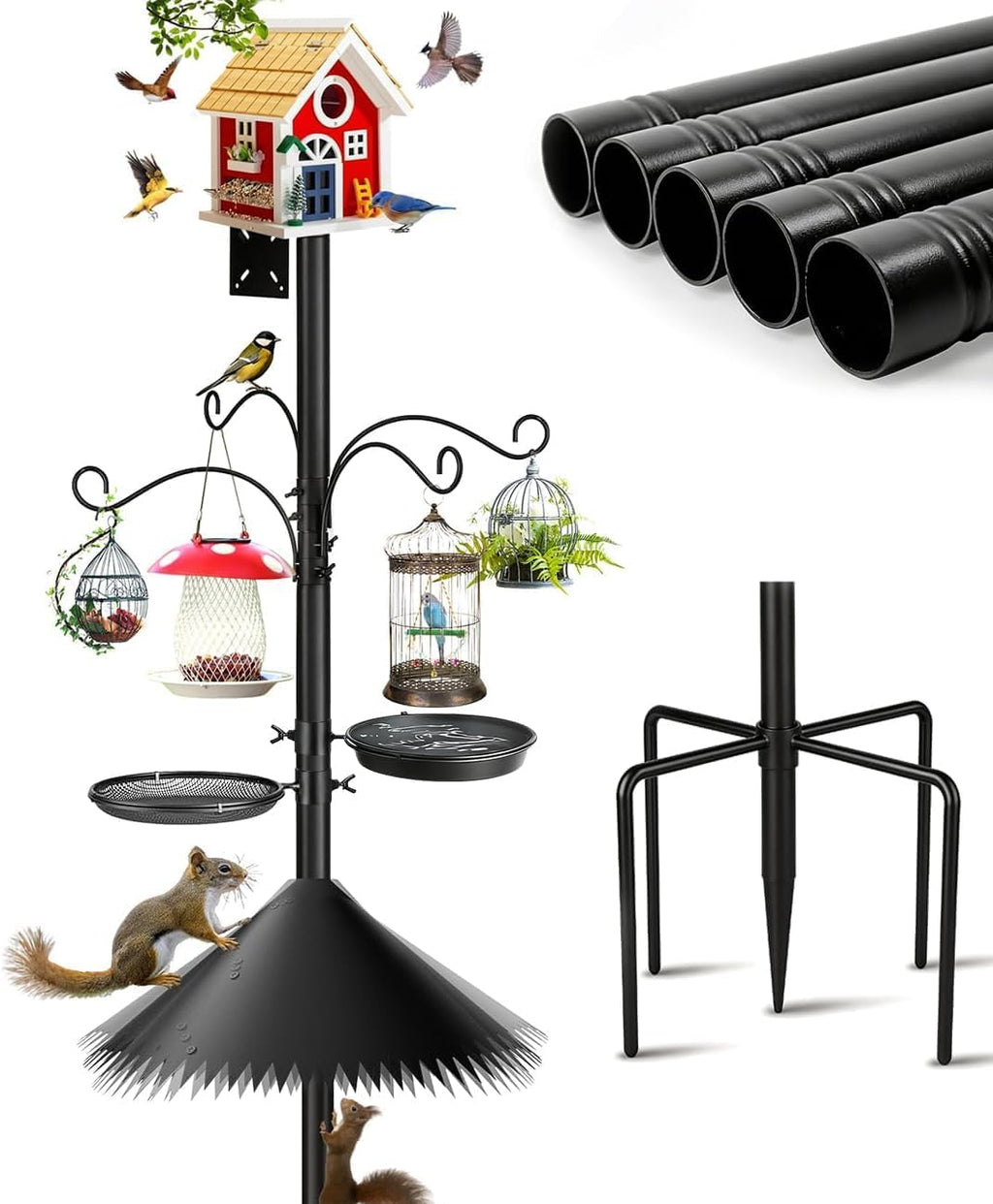 Bird Feeder Pole, 93 Inch Heavy Duty Birdhouse Pole with Spiked Baffle & 2 Tray, Adjustable Wild Bird Feeding Station