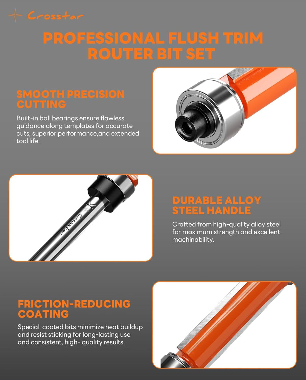 4Pcs Flush Trim Router Bit Set 1/4" Shank, Top & Bottom Bearing | Carbide Template Guide Bits for Woodworking - 1/2"