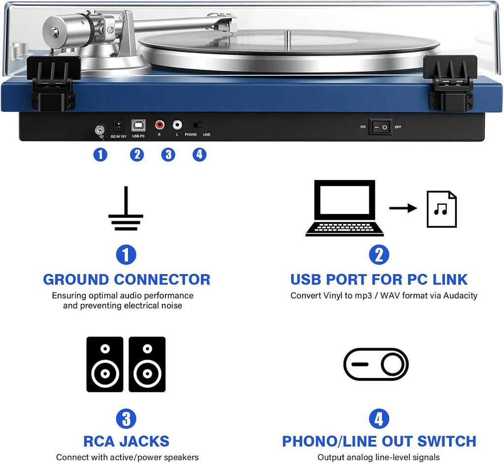 Belt Drive Turntable for Vinyl Record Player and Bluetooth Output(Blue) | Built-in Phono Preamp,USB Digital