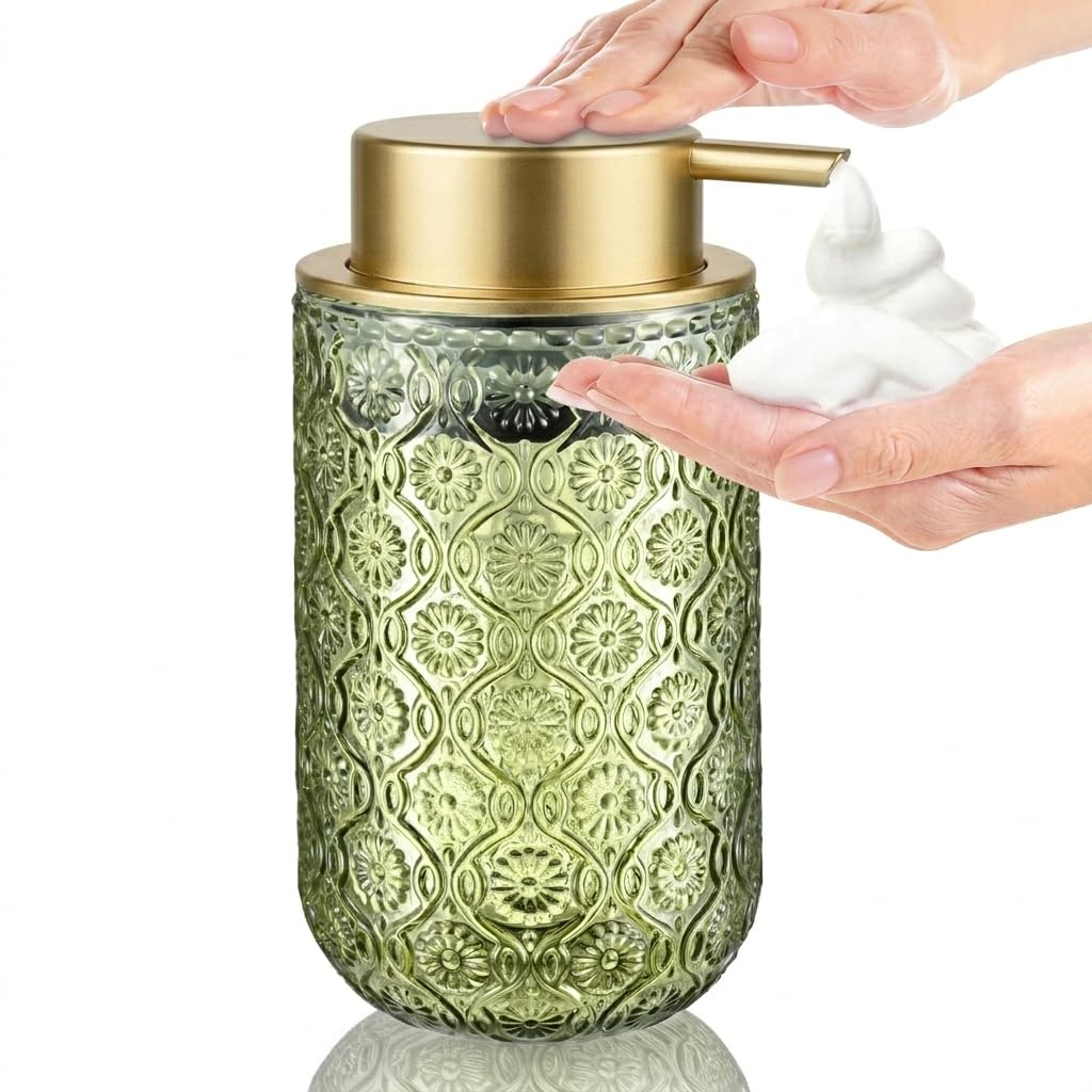 Green and Gold Glass Foaming Hand Soap Dispenser