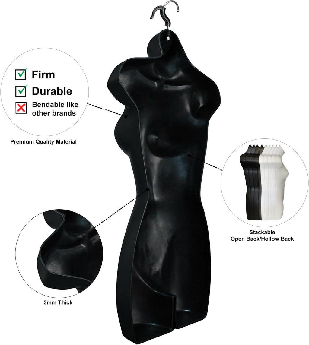 Female Mannequin Hip Long Torso Hollow Back Body Stackable Dress Form with Hanging Hook for Tshirt Display