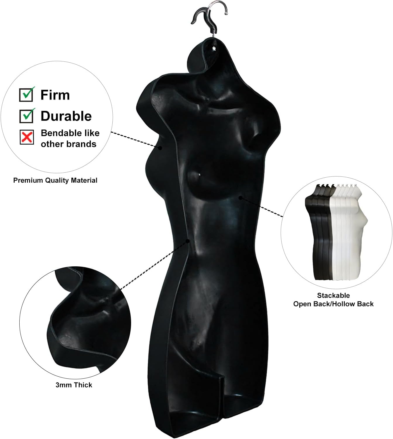 Female Mannequin Hip Long Torso Hollow Back Body Stackable Dress Form with Hanging Hook for Tshirt Display