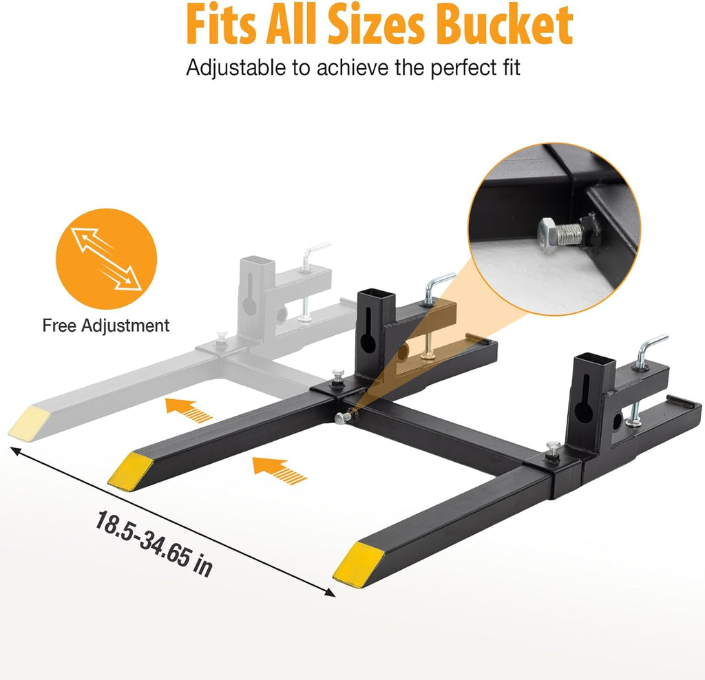 60-Inch Pallet Forks Tractor Attachments, 2000LBS Capacity Clamp-On Bucket Pallet Forks with Stabilizer Bar