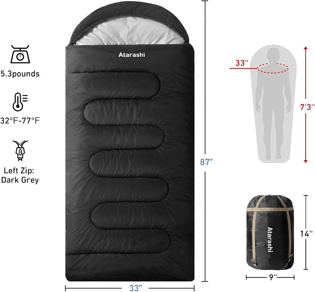 Camping Sleeping Bag- 4 Seasons for Adults, Light, Warm, Extra-Large with Compression Sack- Great for Hiking