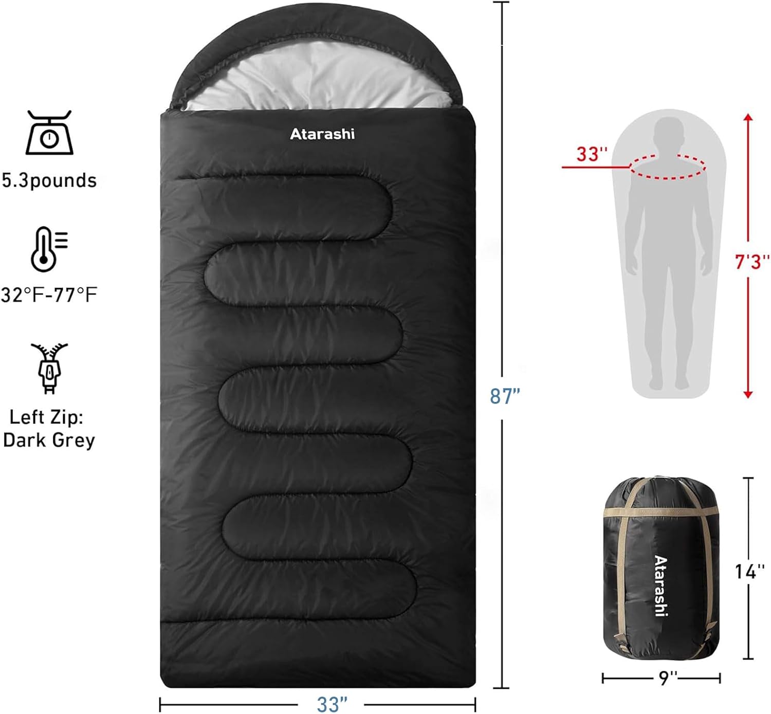 Camping Sleeping Bag- 4 Seasons for Adults, Light, Warm, Extra-Large with Compression Sack- Great for Hiking