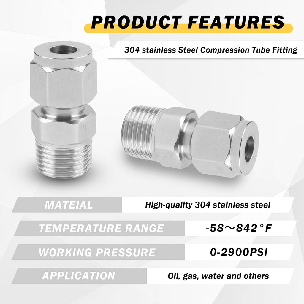 Yoebor 304 Stainless Steel Compression Adapter 6mm OD x 1/8" NPT Male 2pcs