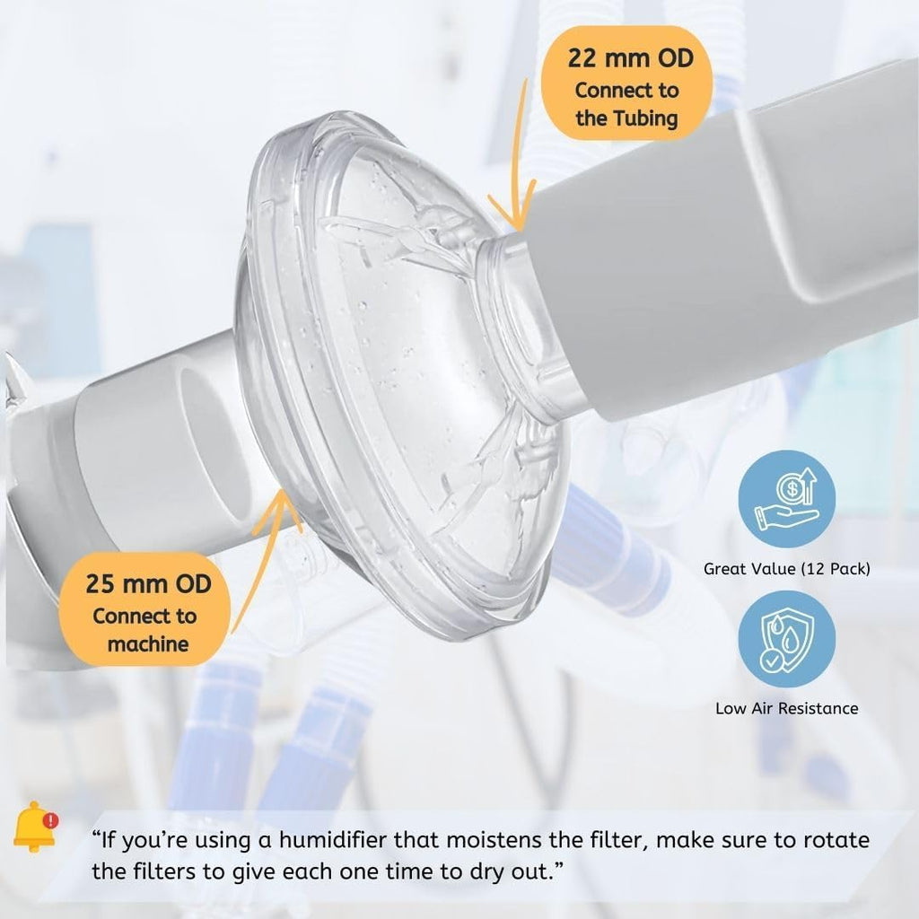 12-Pack Universal CPAP Inline Viral Filter for ResMed, Dreamstation CPAP BiPAP Machines Standard Tubing Outlet 22 mm