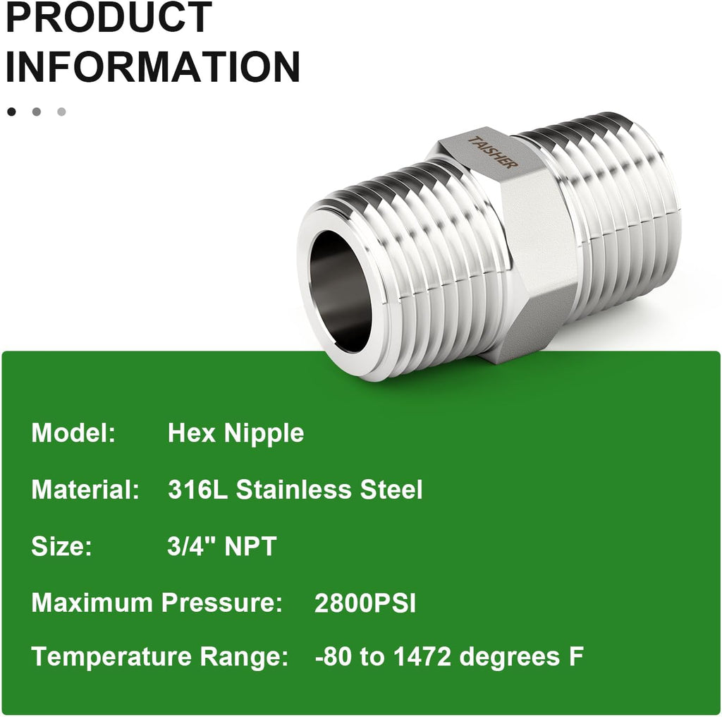 TAISHER 2PCS Forging of 316L Stainless Steel Hex Nipple, 3/4" NPT Male Pipe Fitting
