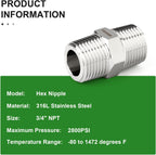 TAISHER 2PCS Forging of 316L Stainless Steel Hex Nipple, 3/4" NPT Male Pipe Fitting