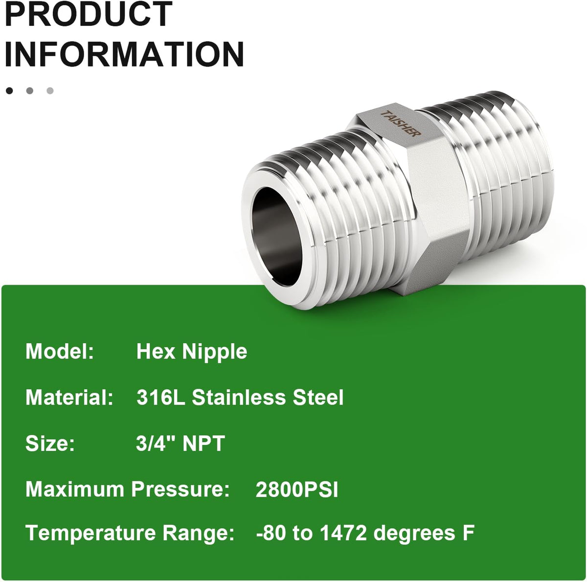 TAISHER 2PCS Forging of 316L Stainless Steel Hex Nipple, 3/4" NPT Male Pipe Fitting