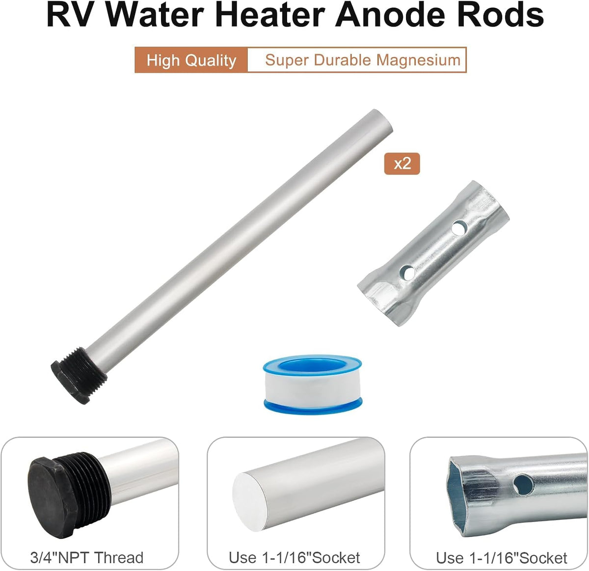 2 PCS RV Water Heater Anode Rods & 1-1/16 inch Socket, Camper Water Heater Aluminum/Zinc Anode Rod 3/4'' Thread 9.25 Length Replacement for Suburban and Morflo Water Heater Tanks