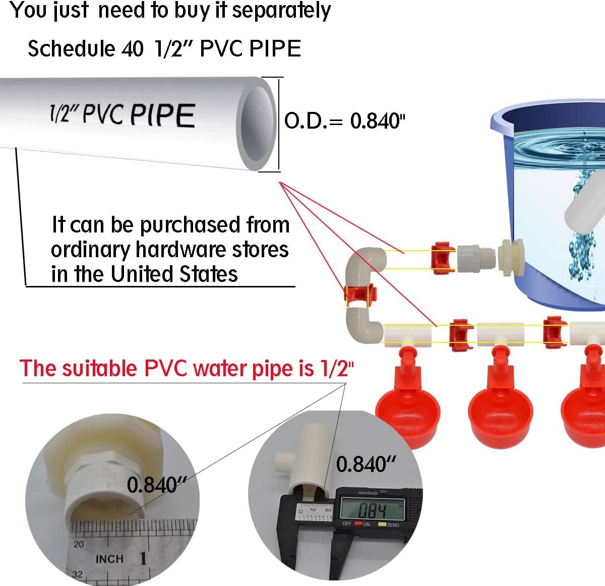 Complete Set Pipeline Automatic Chicken Nipple Waterer Cups and 1/2" PVC Tee Fittings Pipe Feeder Poultry Waterer
