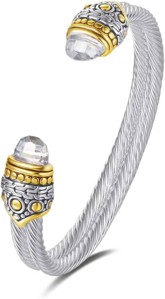 Designer Inspired Jewelry Double Cable Wire Facet CZ Antique Bangle Elegant Beautiful