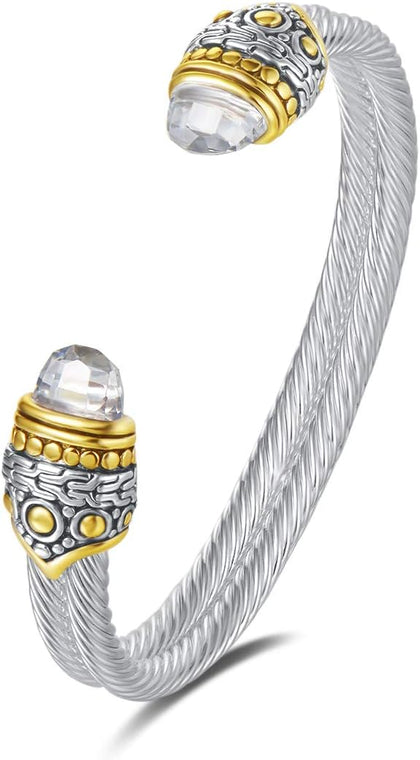 Designer Inspired Jewelry Double Cable Wire Facet CZ Antique Bangle Elegant Beautiful