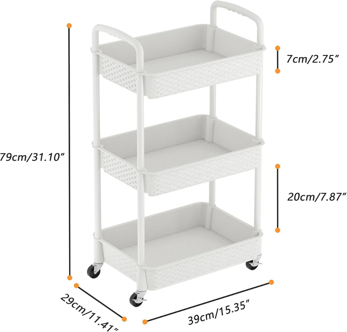 3-Tier Plastic Rolling Utility Cart with Handle,Utility Storage Cart for Office, Living Room, Kitchen,Movable Storage