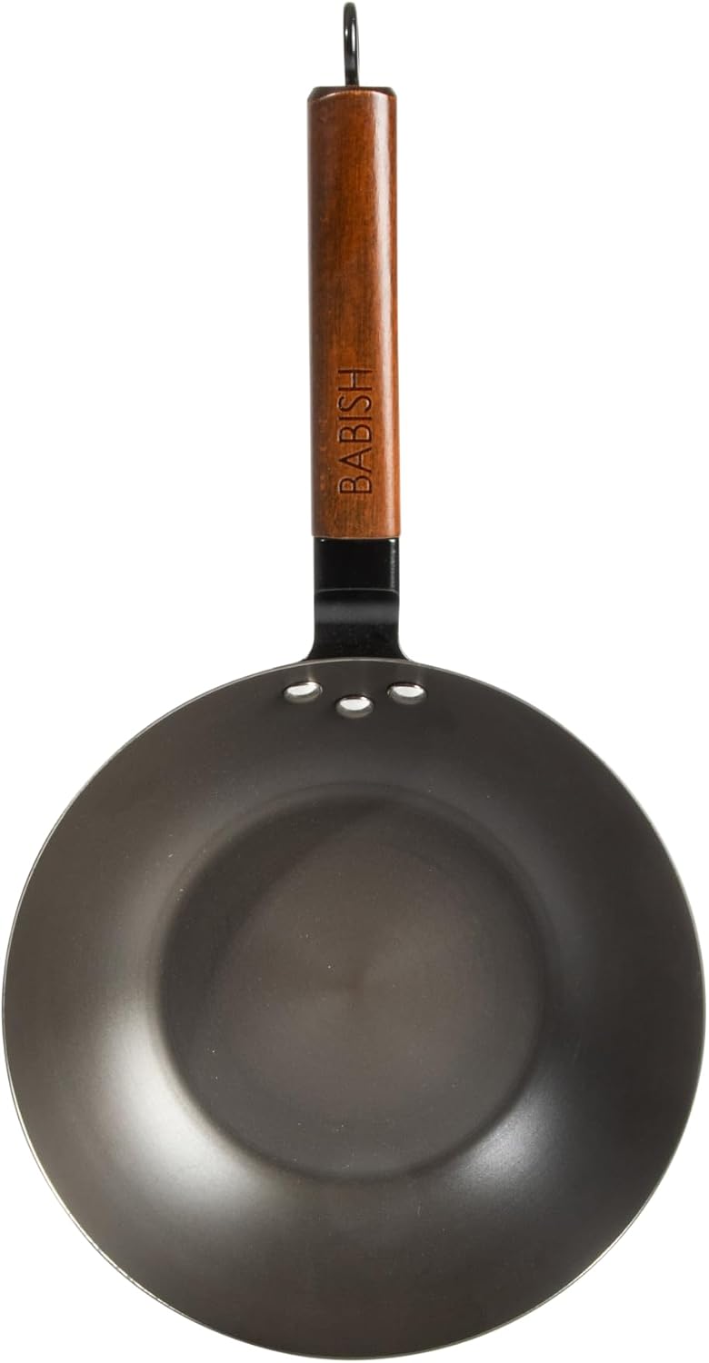9.5 Inch Carbon Steel Wok Pan, Flat Bottom Stir Fry Pan, Induction