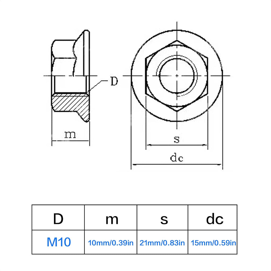 8 Pieces M10 x 1.25mm Serrated Flange Nut Hex Lock Nuts, Fine Thread