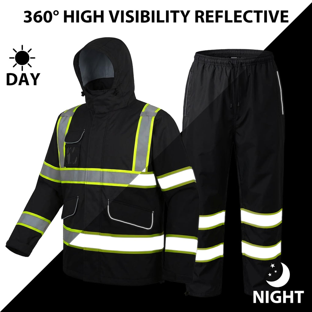 Class 3 Hi Vis Rain Suit, Waterproof Reflective Jacket Pants Set