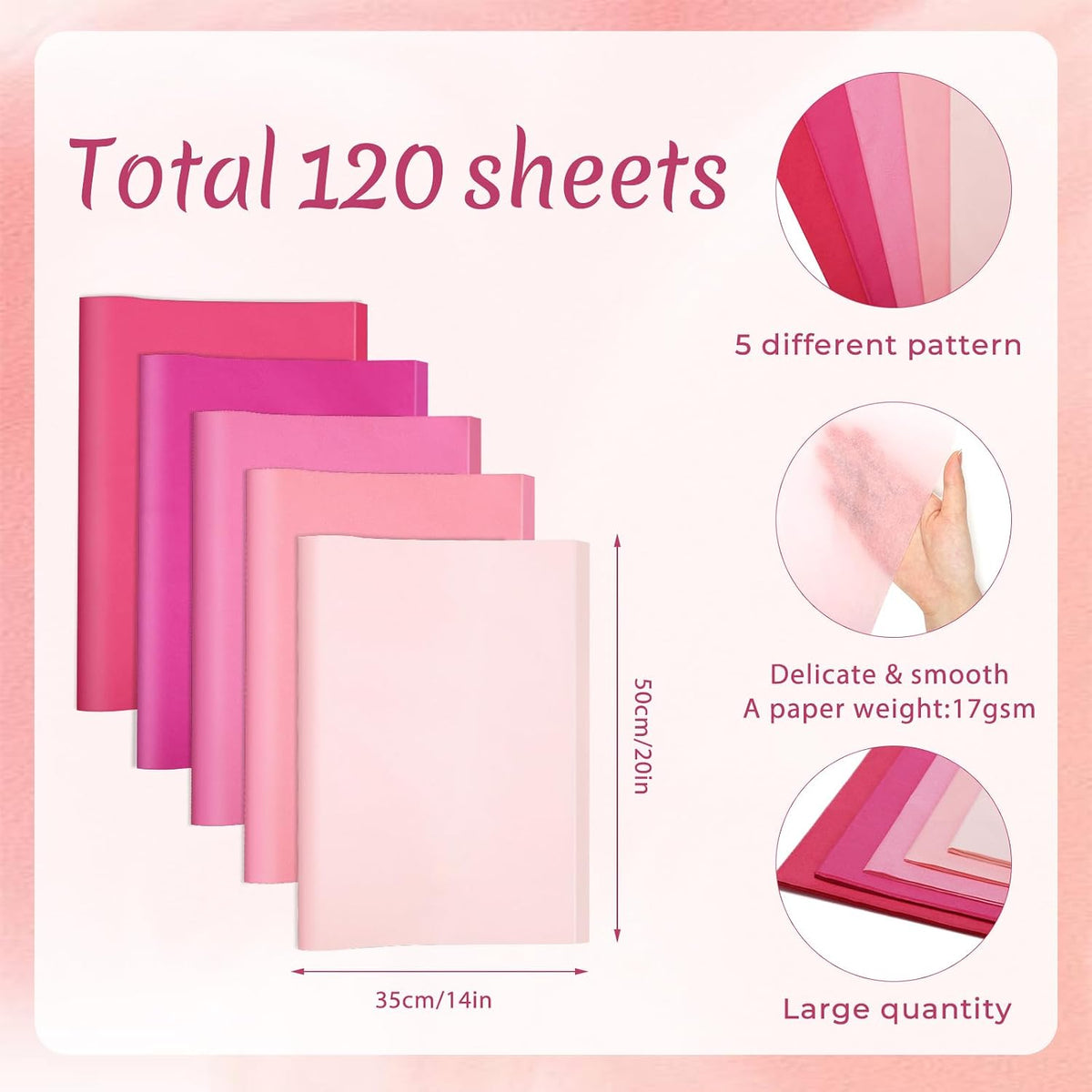 120 Sheets Pink Tissue Paper for Gift Bags 20 x 14 Inch