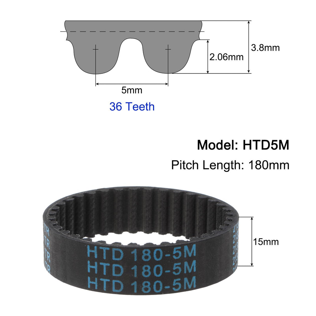 uxcell HTD-5M Rubber Timing Belt 180mm Pitch Length x 15mm Width x 3.6mm Height, 36 Teeth Closed Loop Pulley Timing Belt, 5mm Pitch