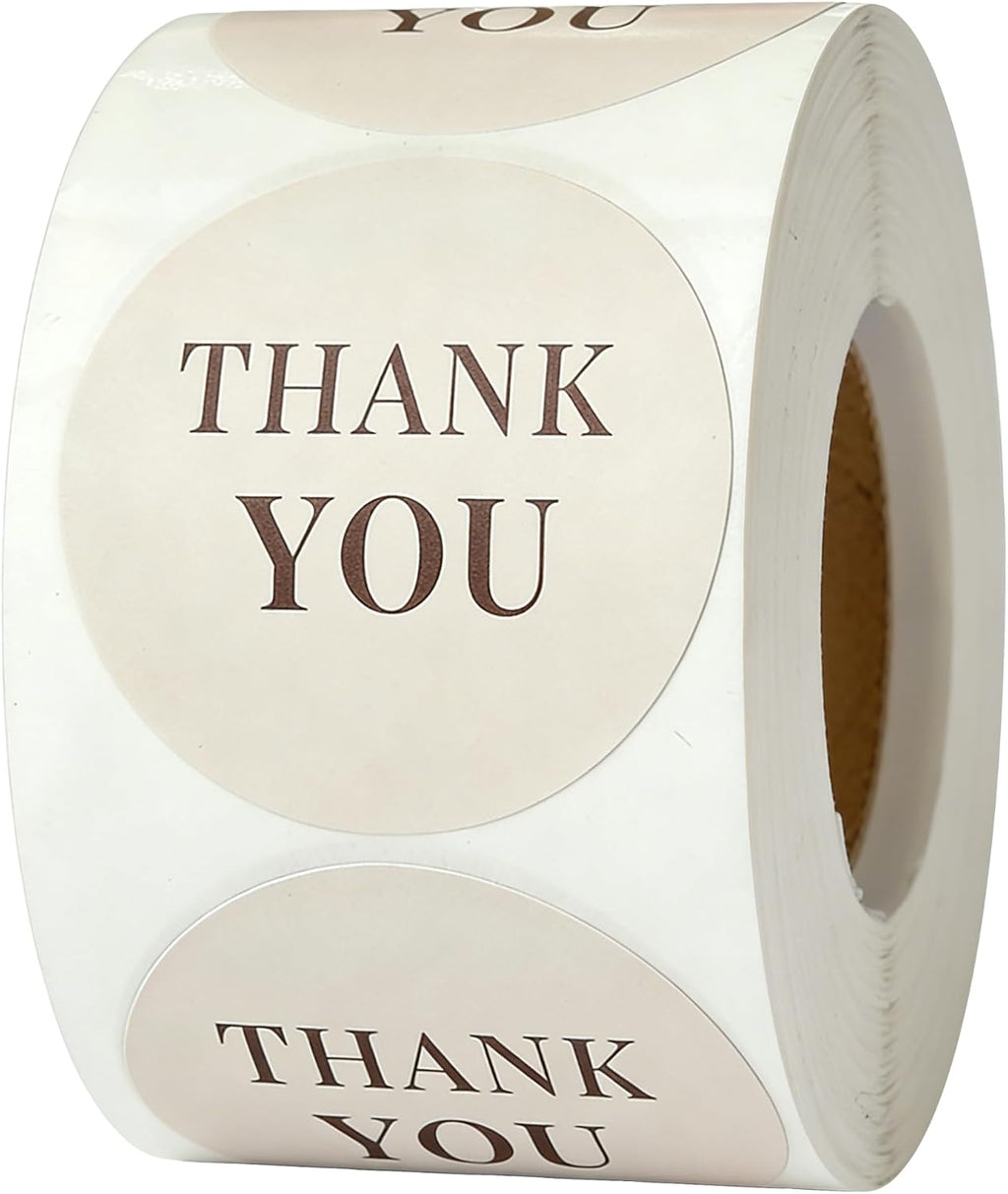 Thank You Stickers Roll, 500PCS, 1.5 Inch Round, Beige