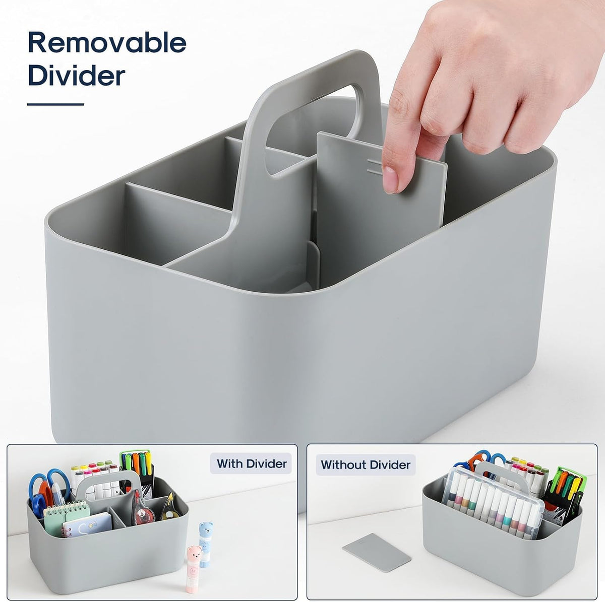 Multiuse Caddy Organizer with Handle, Portable Divided Plastic Tote Bin - Art Craft, Stationary Pen Marker Crayons