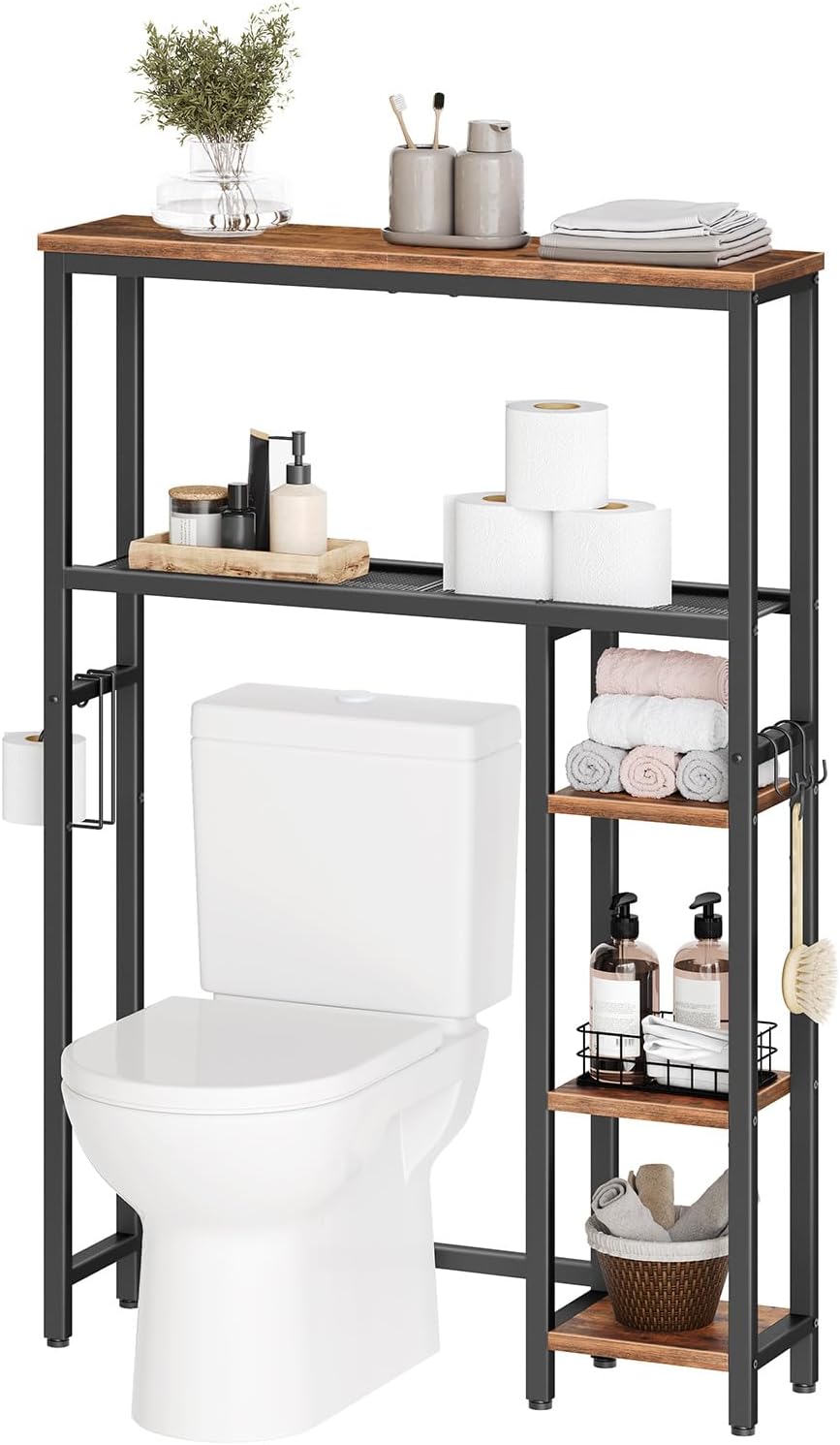 Over The Toilet Storage Cabinet, Freestanding Bathroom Organizer with Toilet Paper Holder, Hooks, 5-Tier Bathroom