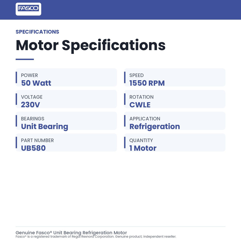 Fasco UB580-F Motor | 50 Watt 1550 RPM CWLE 230V Unit Bearing Refrigeration Motor
