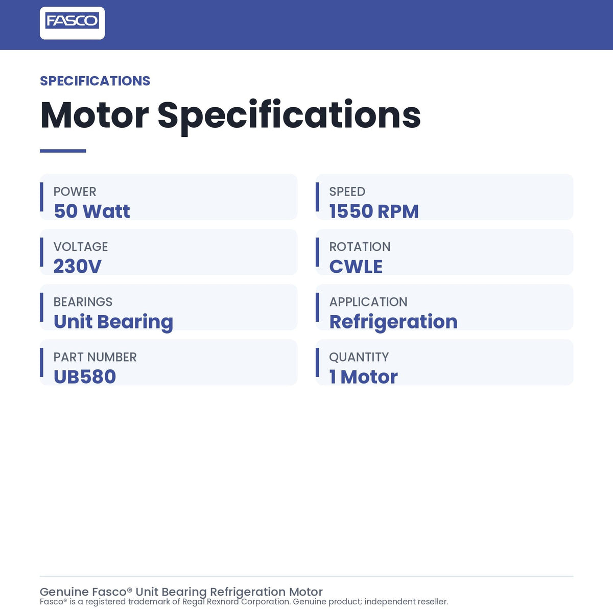 Fasco UB580-F Motor | 50 Watt 1550 RPM CWLE 230V Unit Bearing Refrigeration Motor