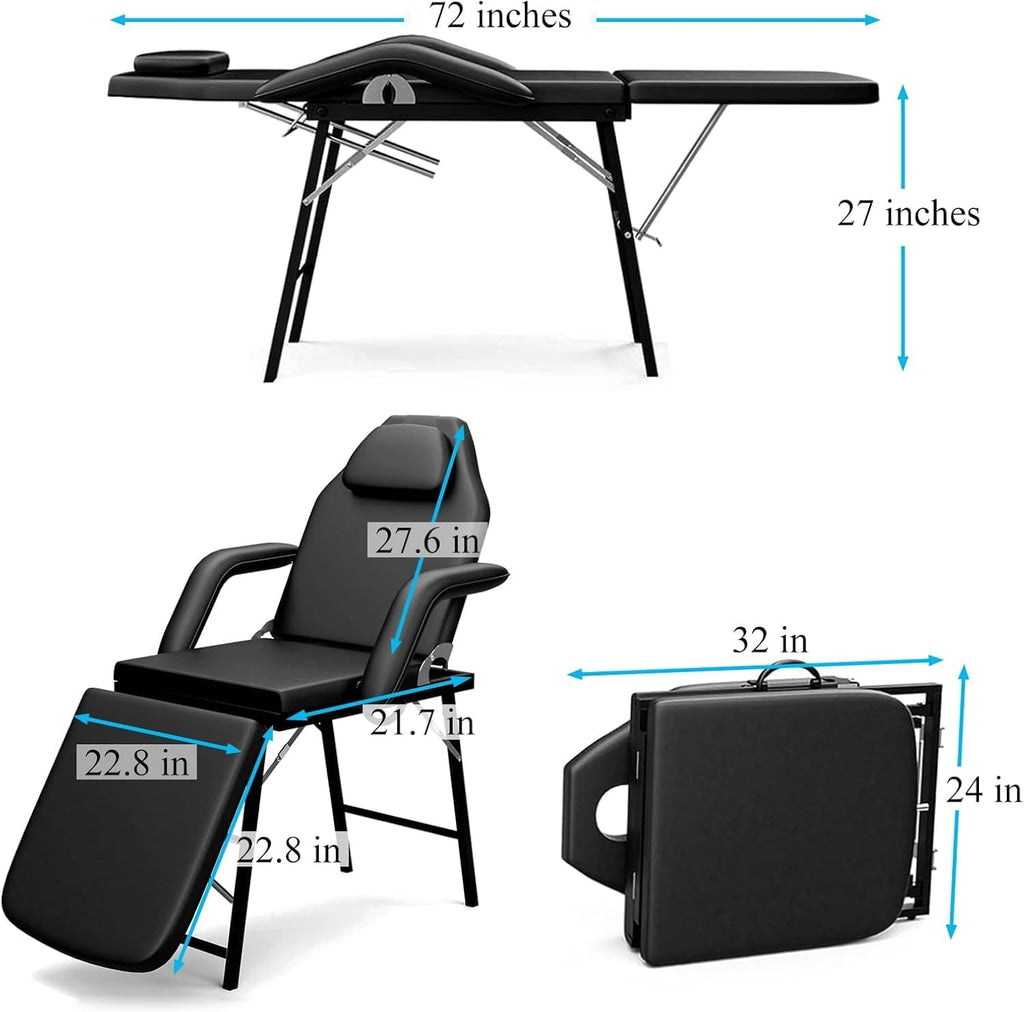 Portable Tattoo Chair, Adjustable Massage Facial Bed with Removable Headrest & Armrest, Foldable Spa Chair with Carry