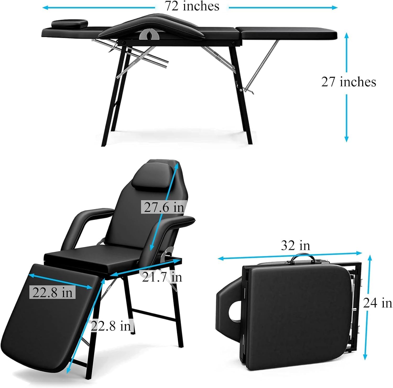 Portable Tattoo Chair, Adjustable Massage Facial Bed with Removable Headrest & Armrest, Foldable Spa Chair with Carry