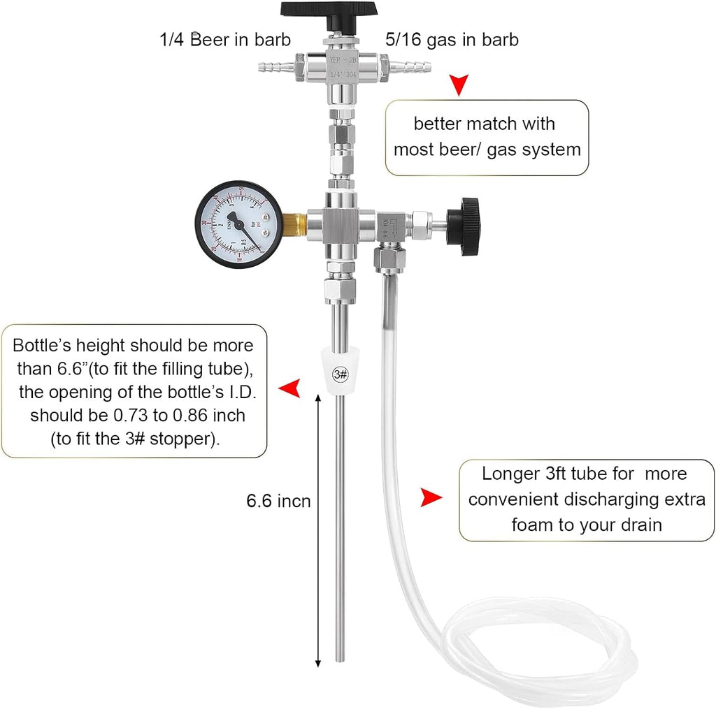 Counter Pressure Bottle Filler Stainless Steel Bottle Filler Counter Pressure Beer Bottling Wand 60psi CO2 Gauge 1/4