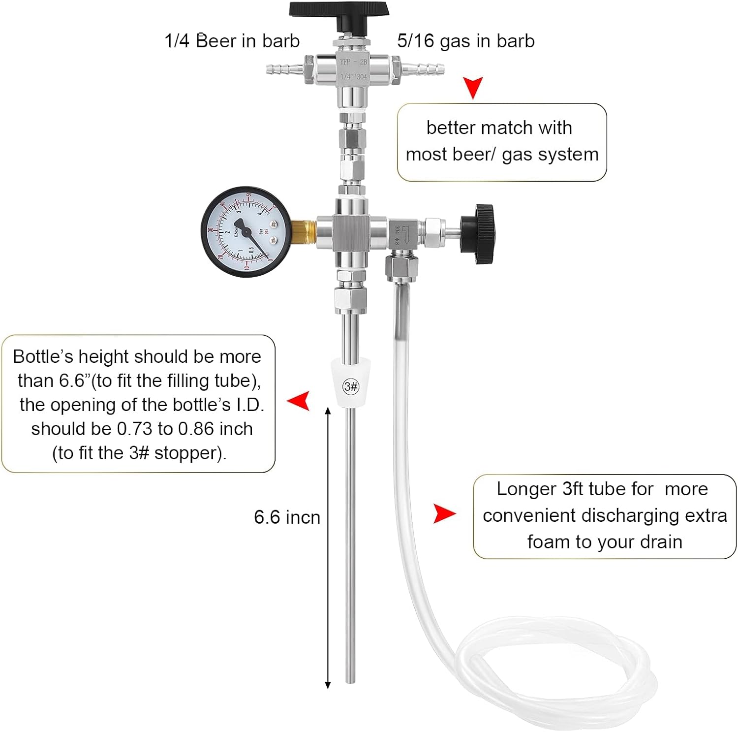 Counter Pressure Bottle Filler Stainless Steel Bottle Filler Counter Pressure Beer Bottling Wand 60psi CO2 Gauge 1/4