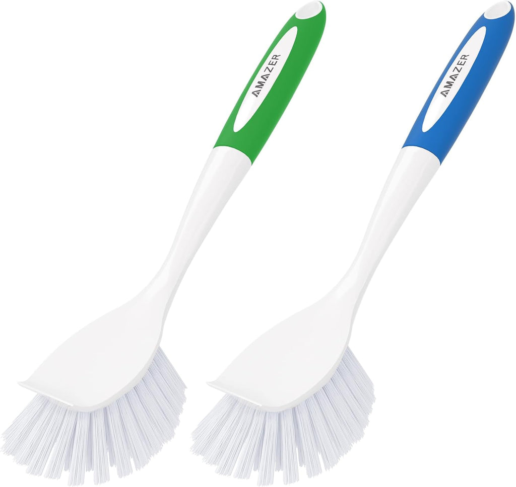 Dish Brush with Handle, 2 Pack Kitchen Scrub Brushes for Cleaning, Dish Scrubber with Stiff Bristles for Sink, Pots