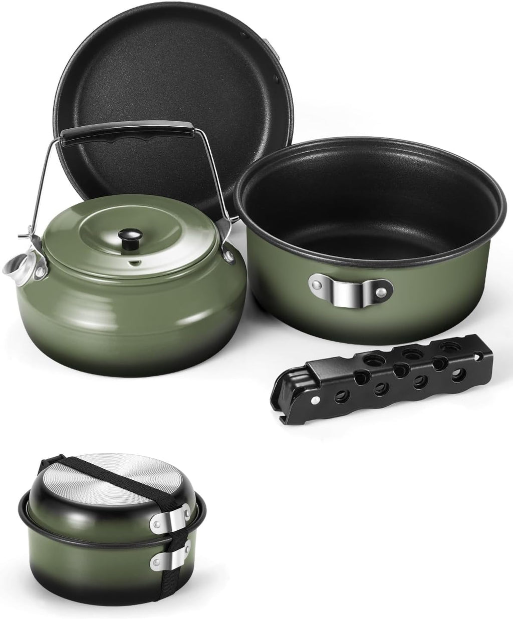 5pcs Camping Cookware Non-Stick Camping Pot and Pan Set with Kettle and Removable Handle for Hiking Backpacking and