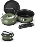 5pcs Camping Cookware Non-Stick Camping Pot and Pan Set with Kettle and Removable Handle for Hiking Backpacking and