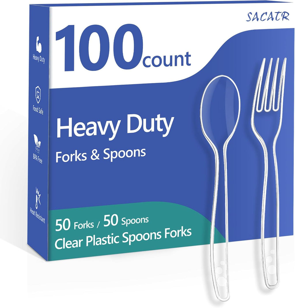 100 Count Clear Plastic Silverware Heavy Duty -50 Forks, 50 Spoons