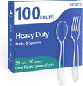 100 Count Clear Plastic Silverware Heavy Duty -50 Forks, 50 Spoons