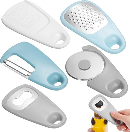 5 Piece Kitchen Gadgets Set Including Potato Peeler Cheese Grater Pizza Wheel Bottle Opener and Fruit Peeler Compact