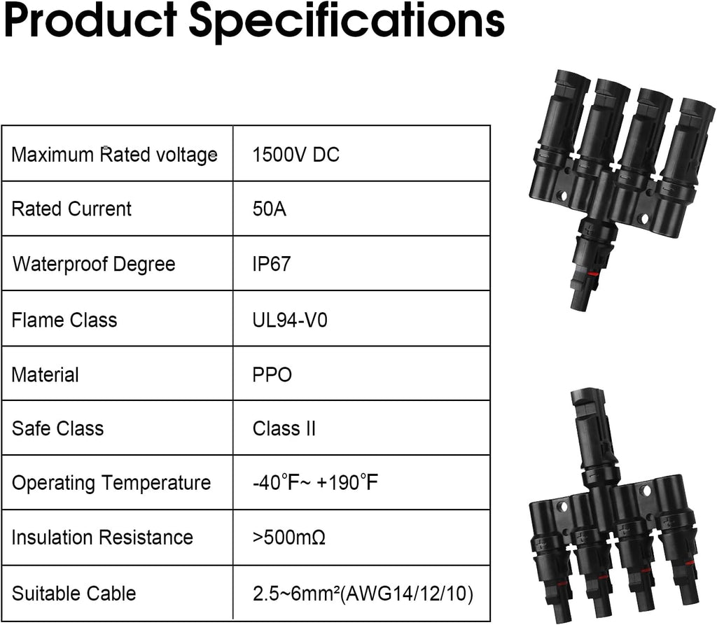 Solar T-Branch Connectors 4 to 1 Solar Panel Parallel Adapter,1Pair | Solar Y Splitter,Quick-Connect, 1 M to 4 F and