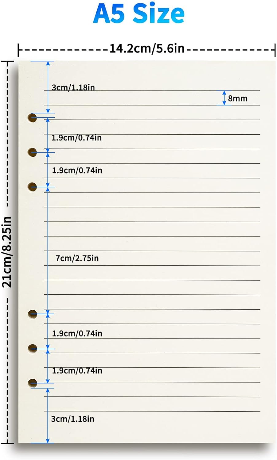 A5 Line Refill Paper, A5 Binder Refills for 6-Ring Binders Planner Traveller Journal Notebook Dairy, 8mm Ruled Filler