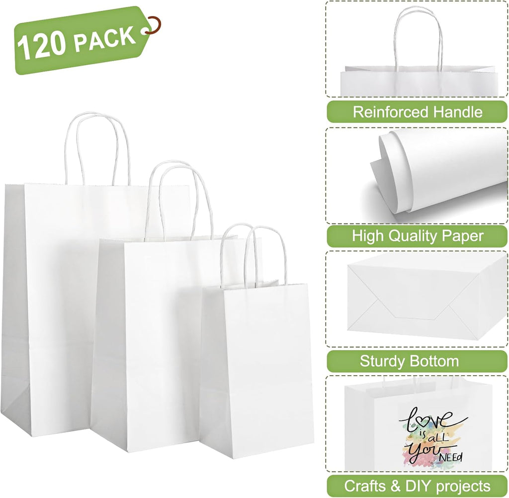 120pcs White Paper Bags with Handles, Assorted Sizes Gift Bags