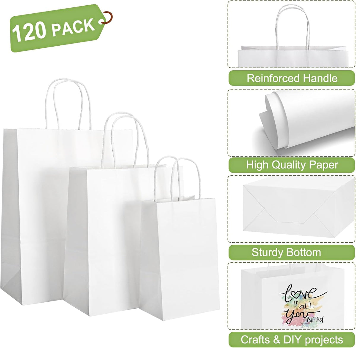 120pcs White Paper Bags with Handles, Assorted Sizes Gift Bags