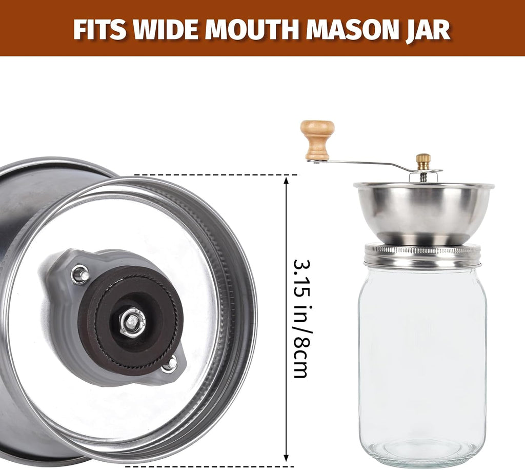 Mason Jar Coffee Grinder, Manual Coffee Grinder Lid Attachment for Wide Mouth Mason Jars, Stainless Steel Mason Jar