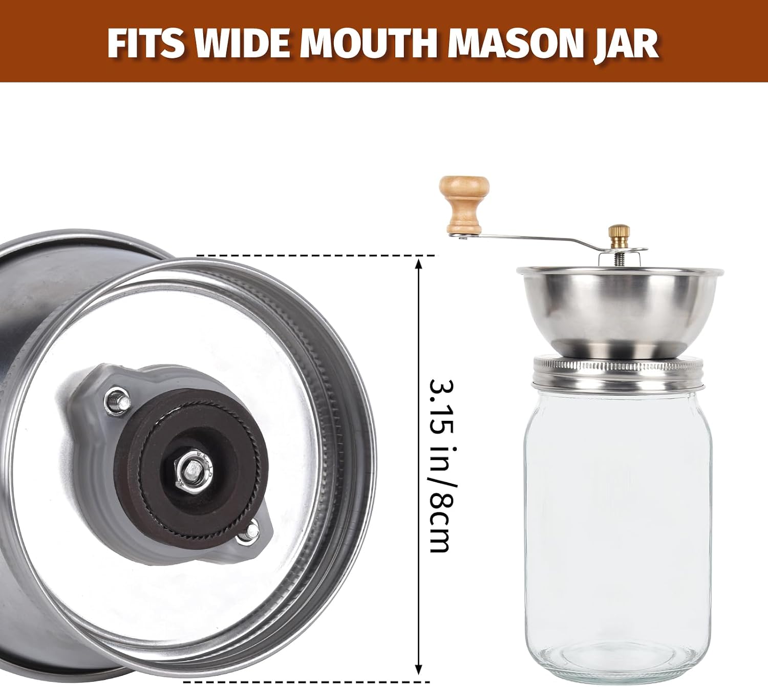 Mason Jar Coffee Grinder, Manual Coffee Grinder Lid Attachment for Wide Mouth Mason Jars, Stainless Steel Mason Jar