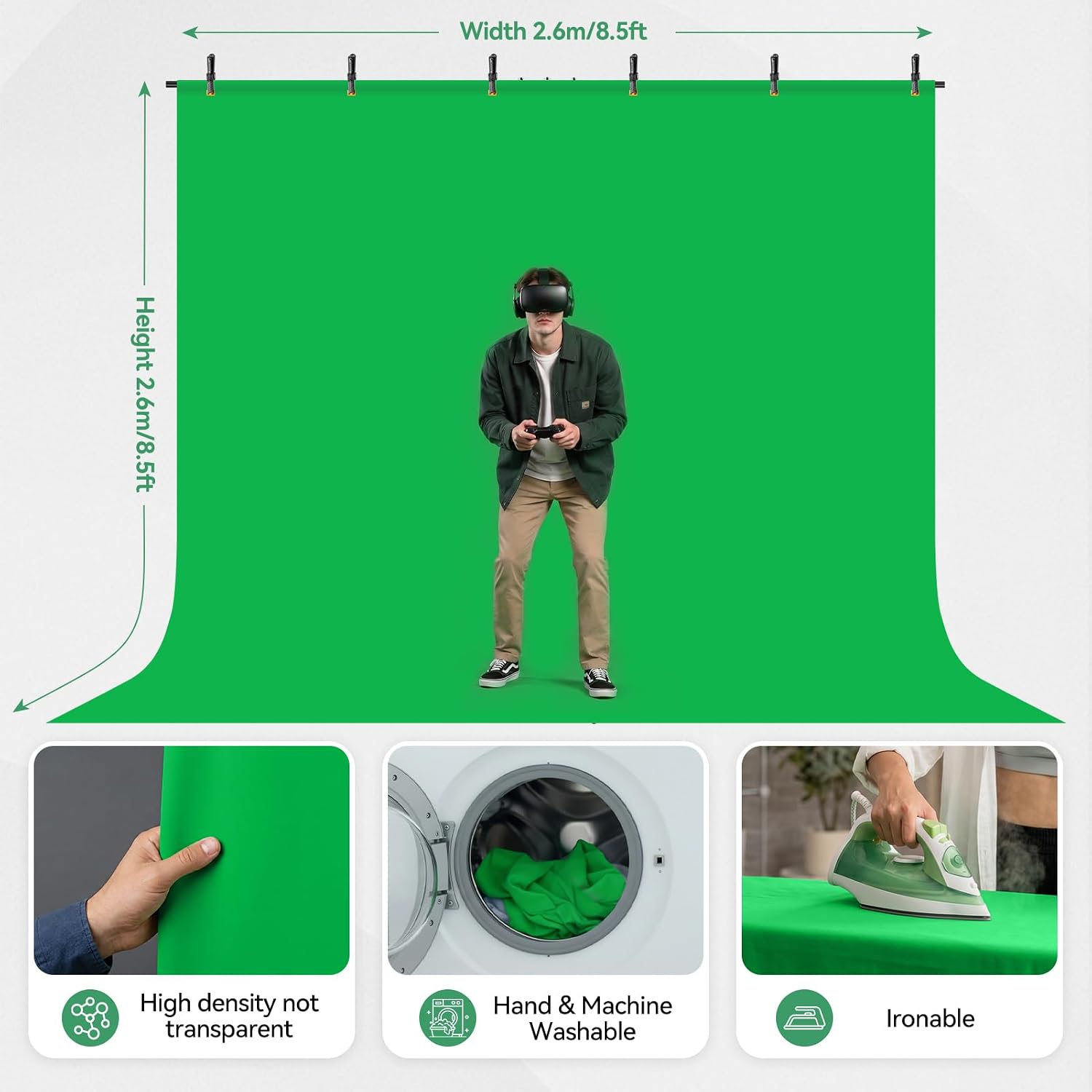 8.5x8.5ft Large Green Screen Backdrop Kit, 8.8x7.5FT T-Shape Stand | Reverse Folding Tripod Stand, Spliced Crossbar