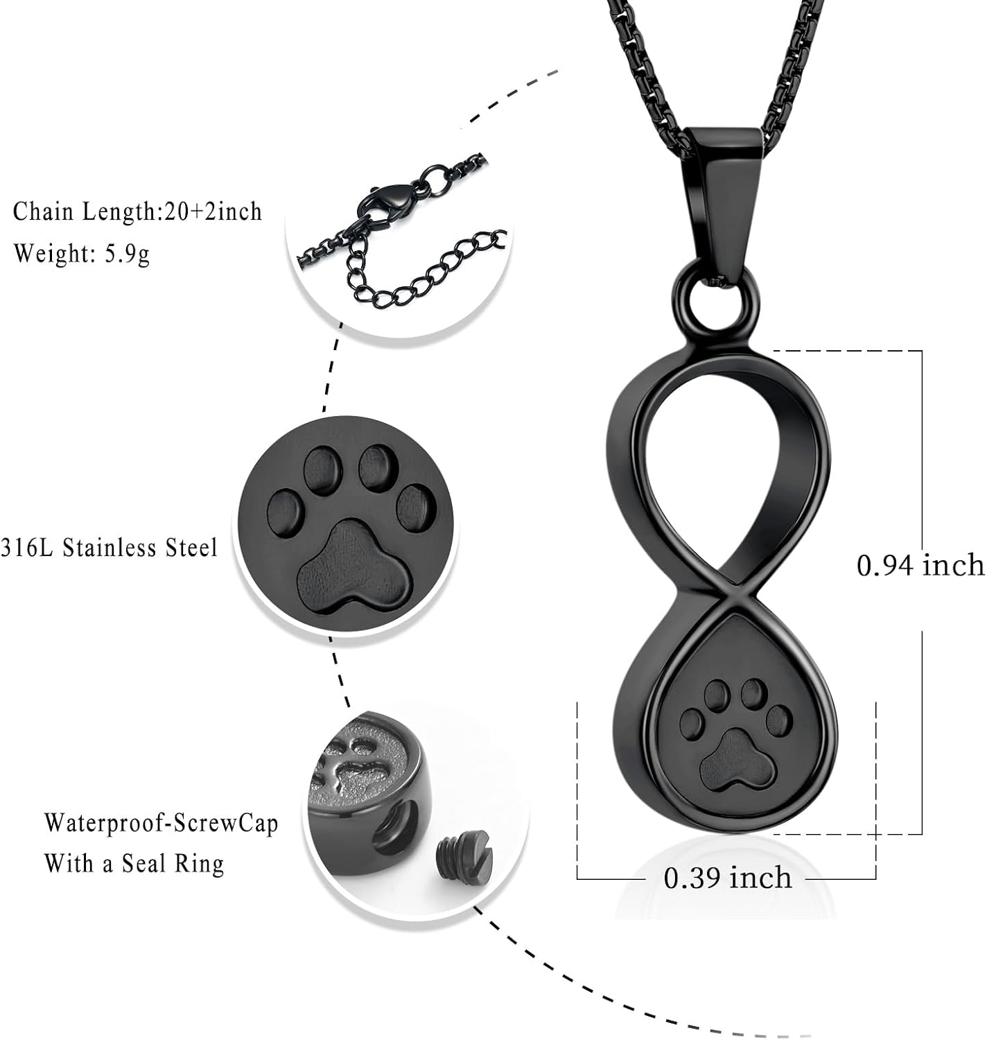 Infinity Love Pet Cremation Jewelry for Ashes of Dog/Cat Funeral Keepsake Urn Necklace Pendant Memorial Jewellery