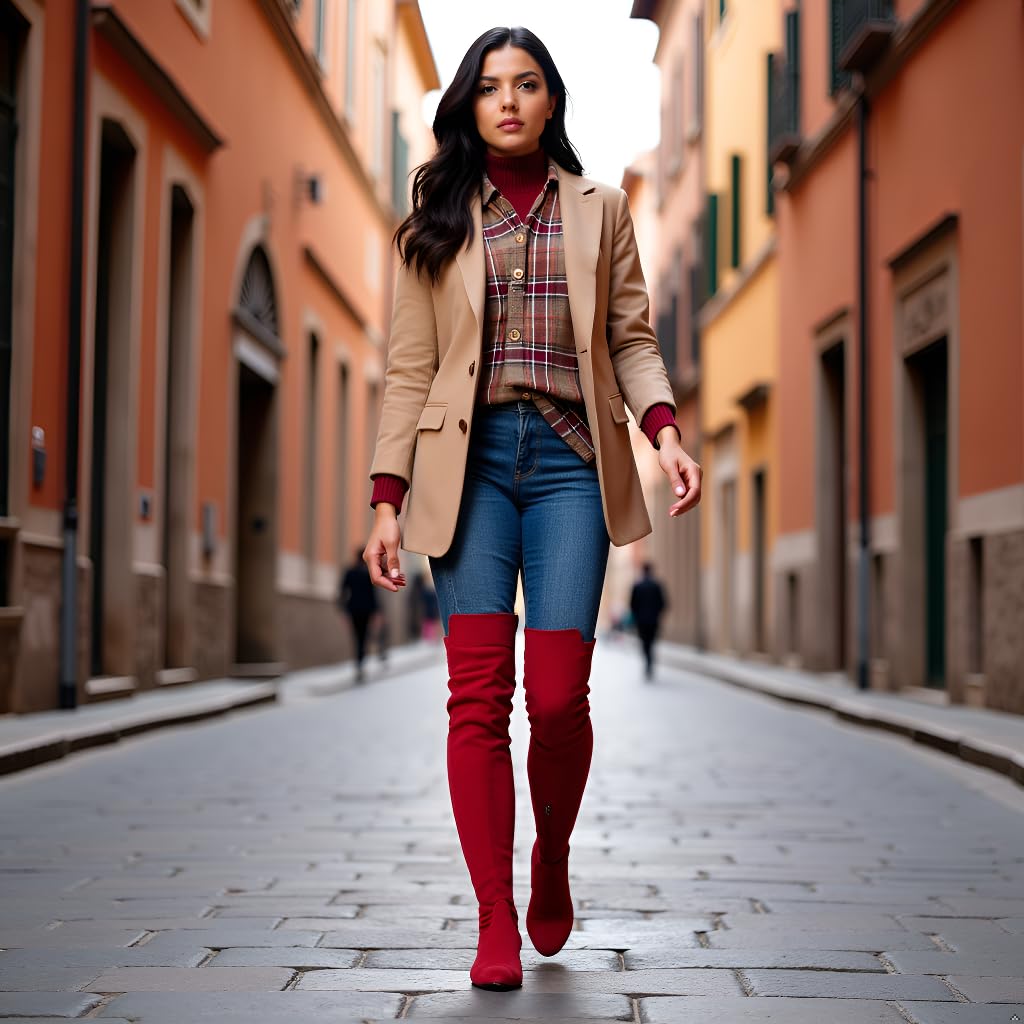 Women Over the Knee Boots Red Size 9 Winter Suede Low 2Inch Heel Thigh High Block Chunky Above knee Designer Ladies