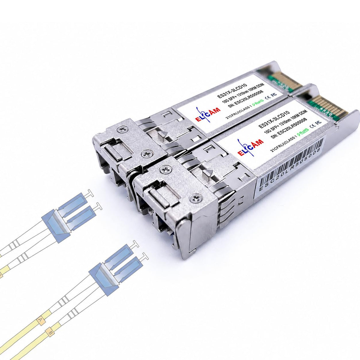 Elfcam - 2 Pack 10Gb SFP+ Transceiver Module, 10GBase-LR SFP+ Module 1310nm, LC/UPC Duplex Singlemode Connector (OS2), DDM10KM